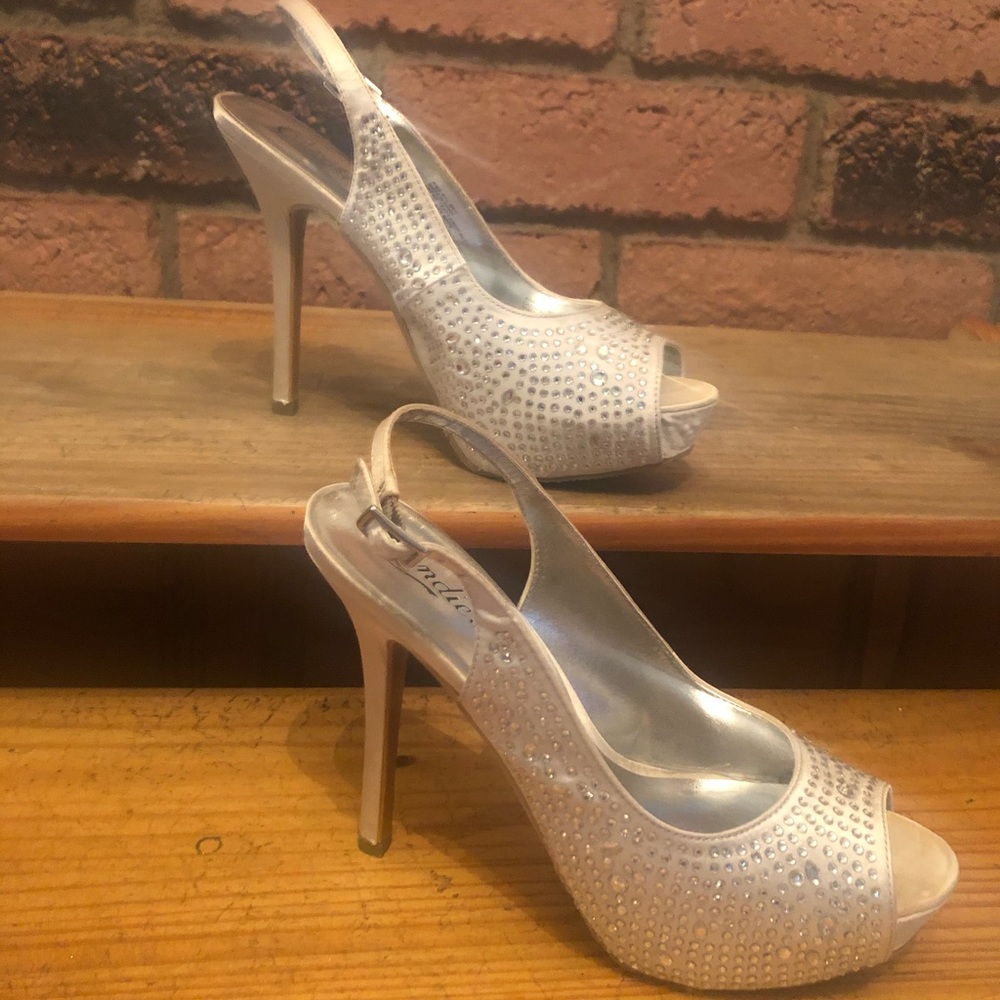 Candies silver rhinestone sling back heels
